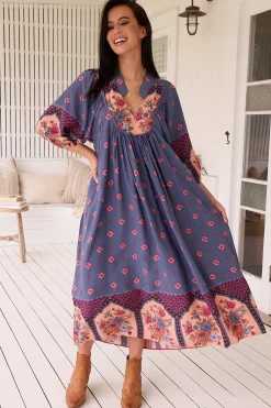 Boheme Midi Dress - Piping Defined Bust Slimline Smock Dress in Laney Print><noscript><img width=