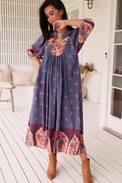 Boheme Midi Dress - Piping Defined Bust Slimline Smock Dress in Laney Print><noscript><img width=