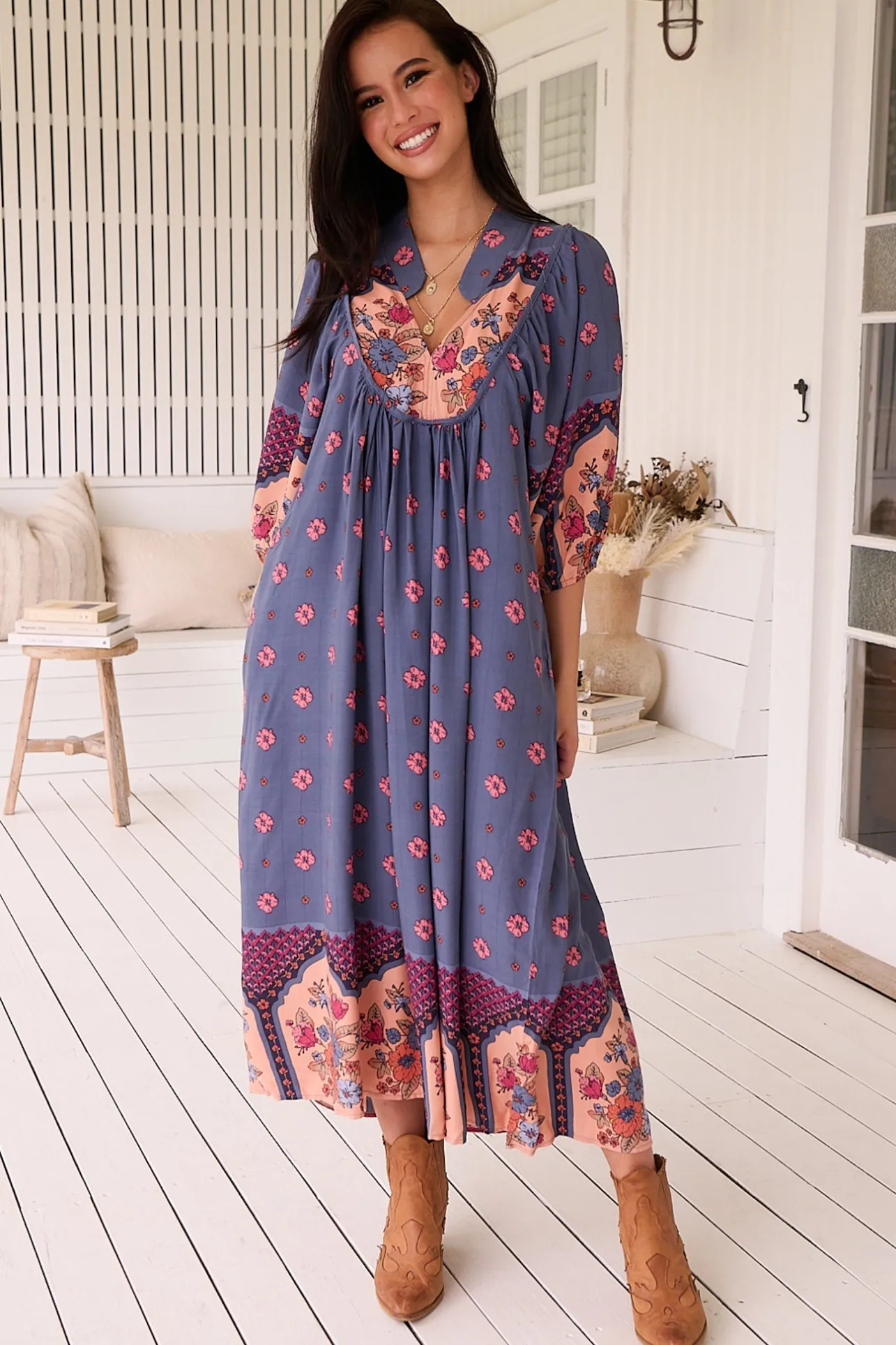 Boheme Midi Dress - Piping Defined Bust Slimline Smock Dress in Laney Print>Jaase Clearance