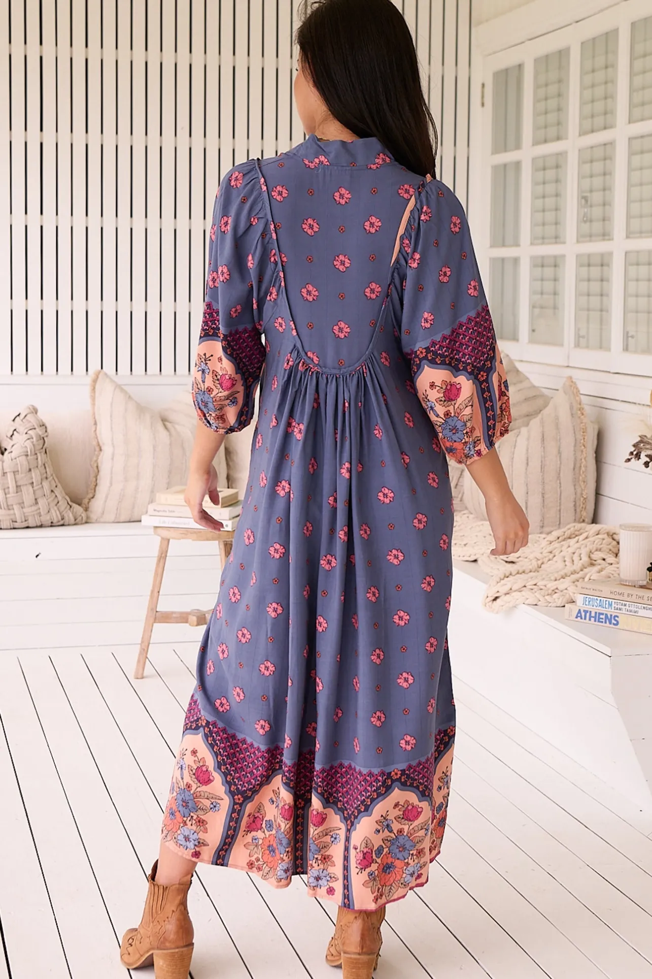 Boheme Midi Dress - Piping Defined Bust Slimline Smock Dress in Laney Print>Jaase Clearance