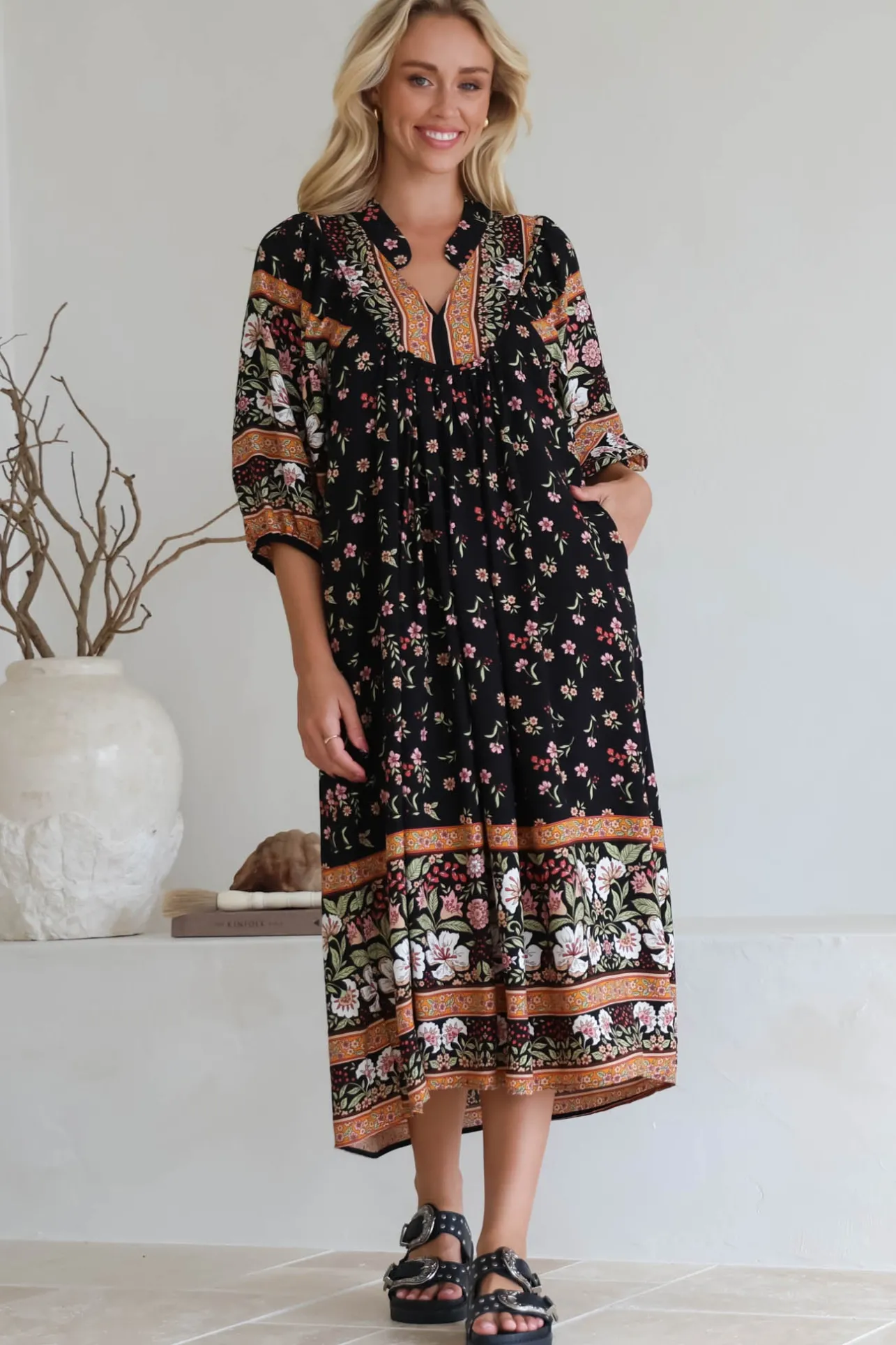 Boheme Midi Dress - Piping Defined Bust Slimline Smock Dress In Eternity Print>Jaase Discount