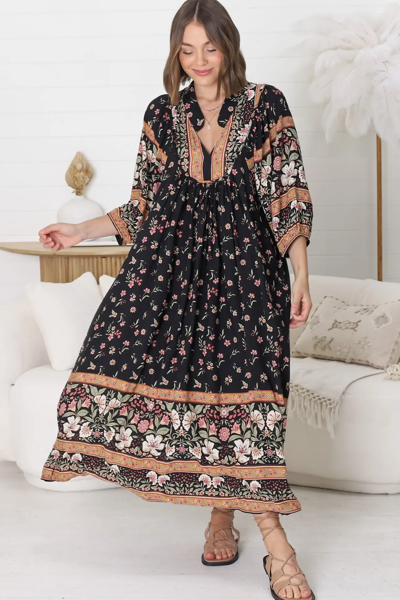 Boheme Midi Dress - Piping Defined Bust Slimline Smock Dress In Eternity Print>Jaase Discount