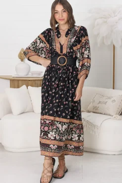 Boheme Midi Dress - Piping Defined Bust Slimline Smock Dress In Eternity Print><noscript><img width=