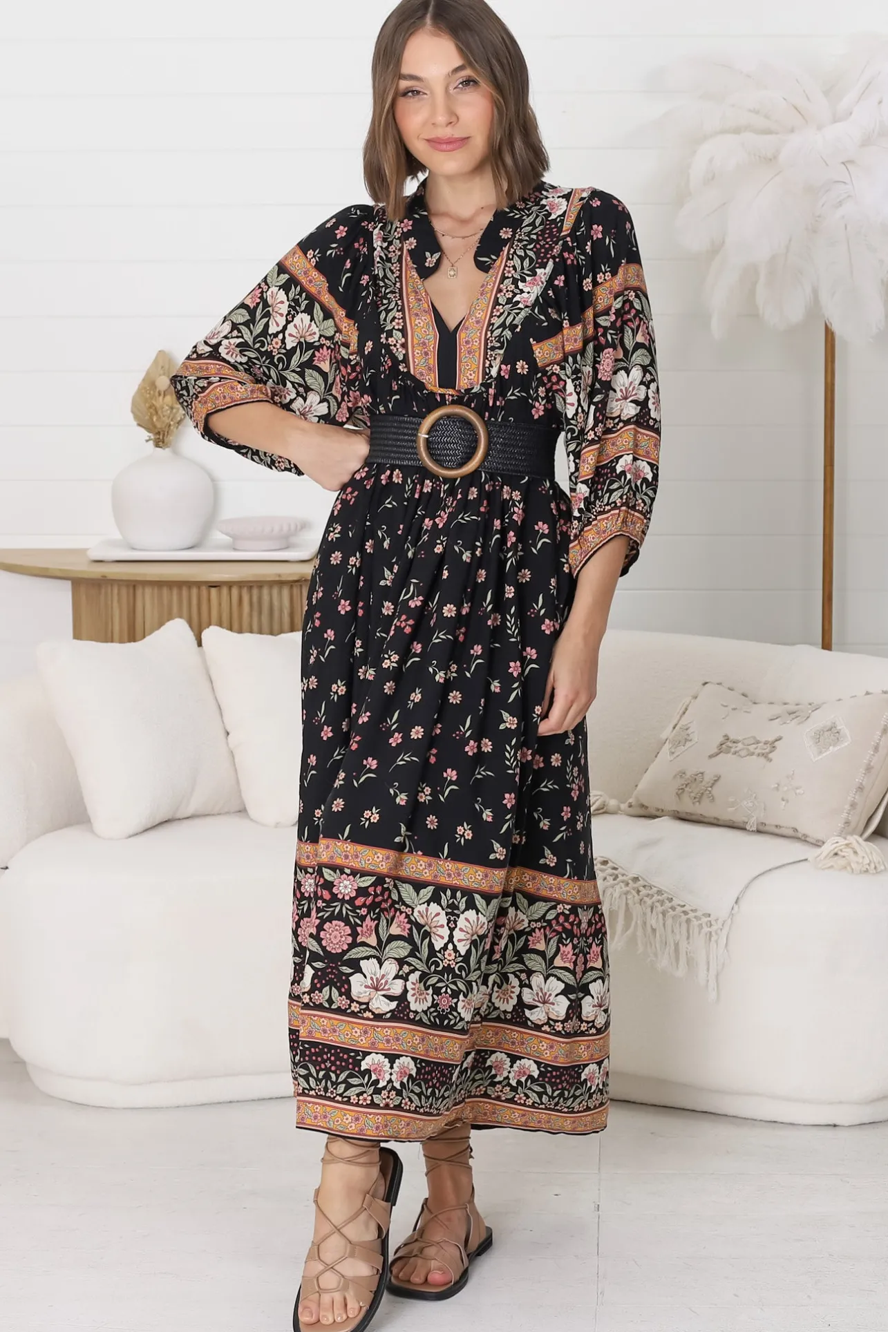 Boheme Midi Dress - Piping Defined Bust Slimline Smock Dress In Eternity Print>Jaase Discount