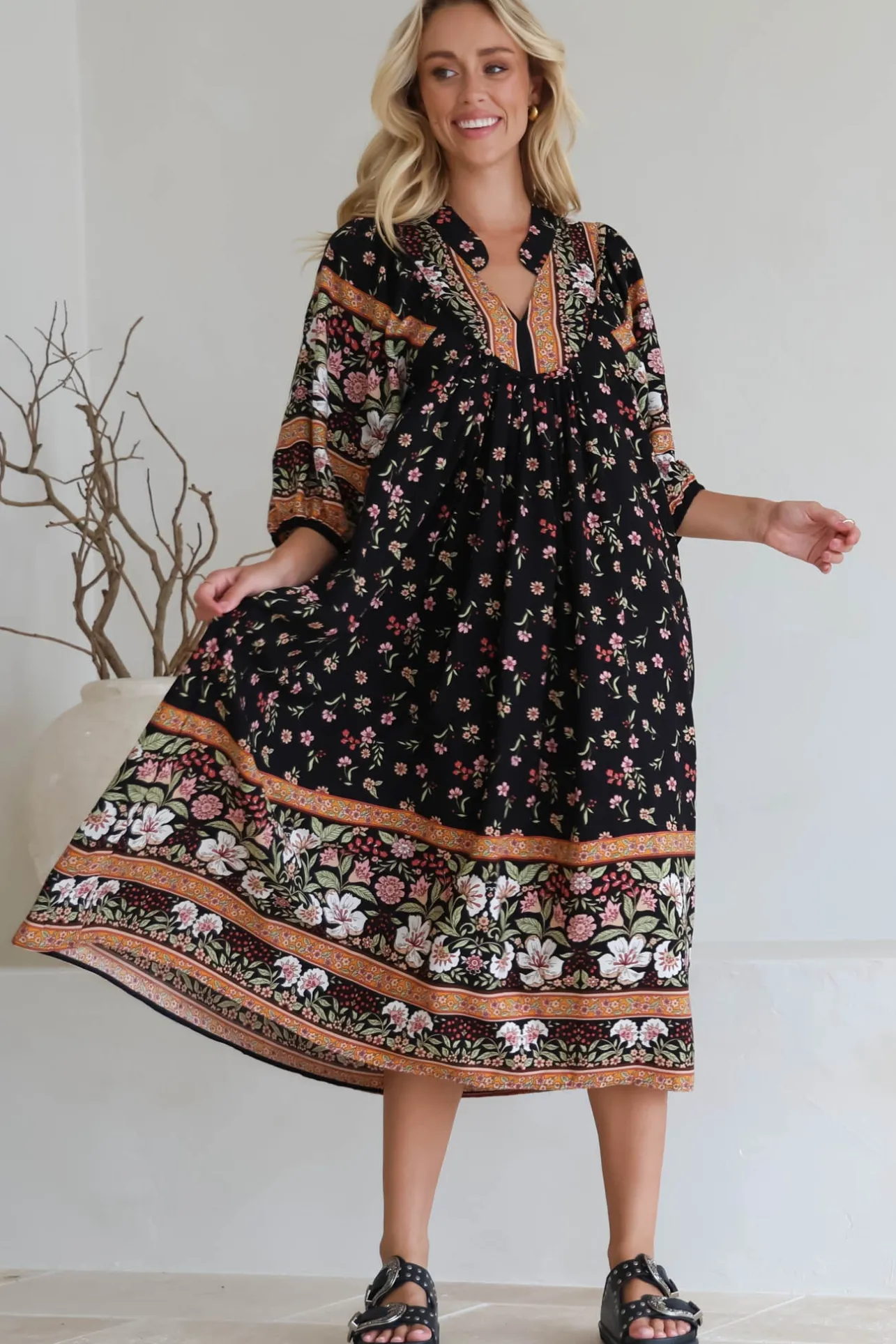 Boheme Midi Dress - Piping Defined Bust Slimline Smock Dress In Eternity Print>Jaase Discount