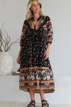 Boheme Midi Dress - Piping Defined Bust Slimline Smock Dress In Eternity Print><noscript><img width=