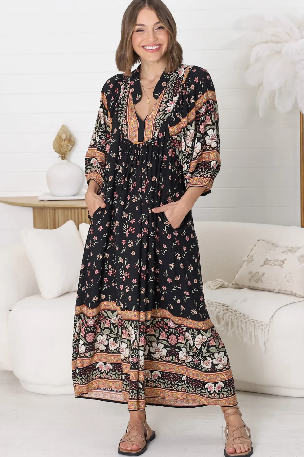 Boheme Midi Dress - Piping Defined Bust Slimline Smock Dress In Eternity Print>Jaase Discount