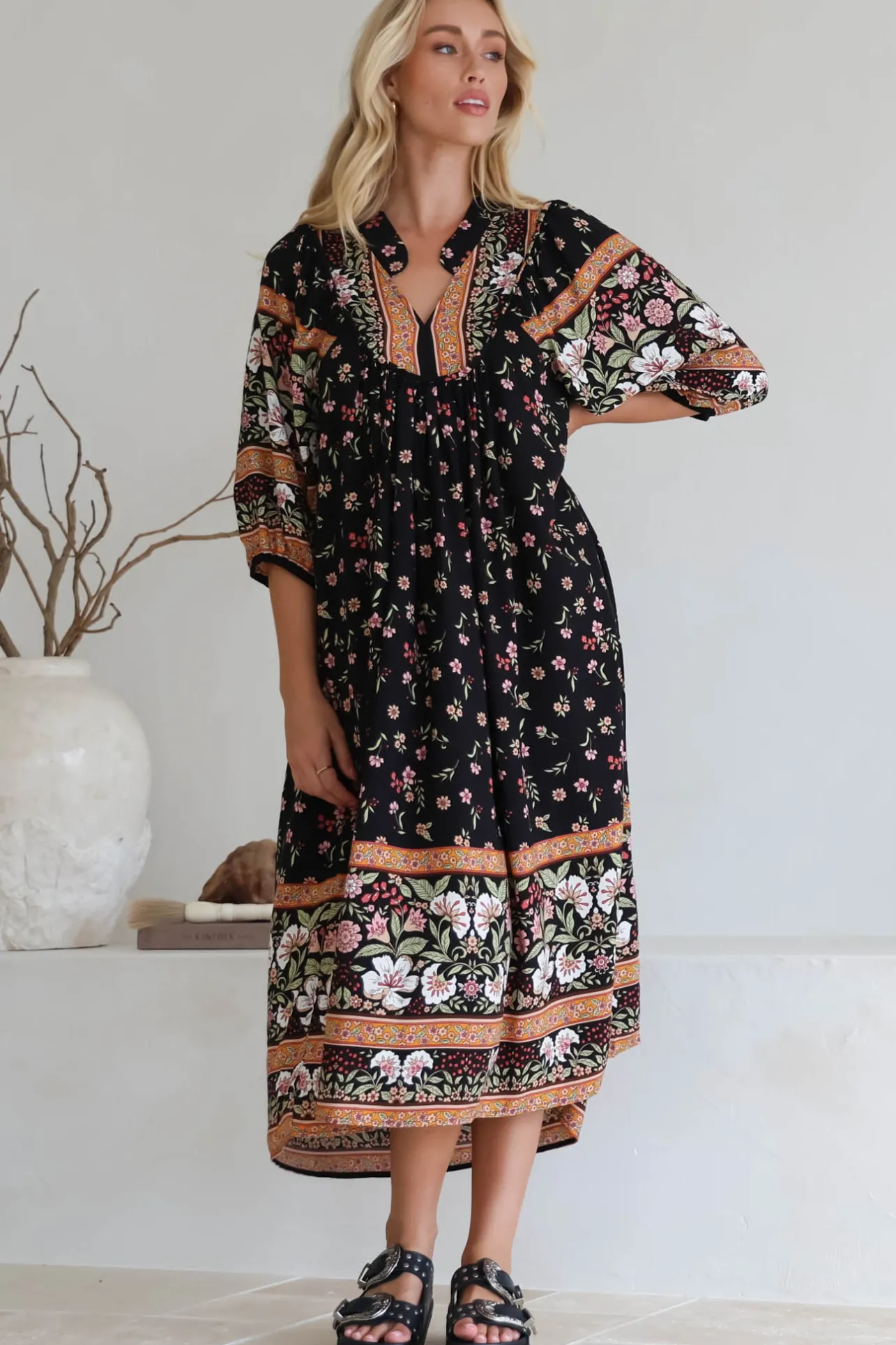 Boheme Midi Dress - Piping Defined Bust Slimline Smock Dress In Eternity Print>Jaase Discount