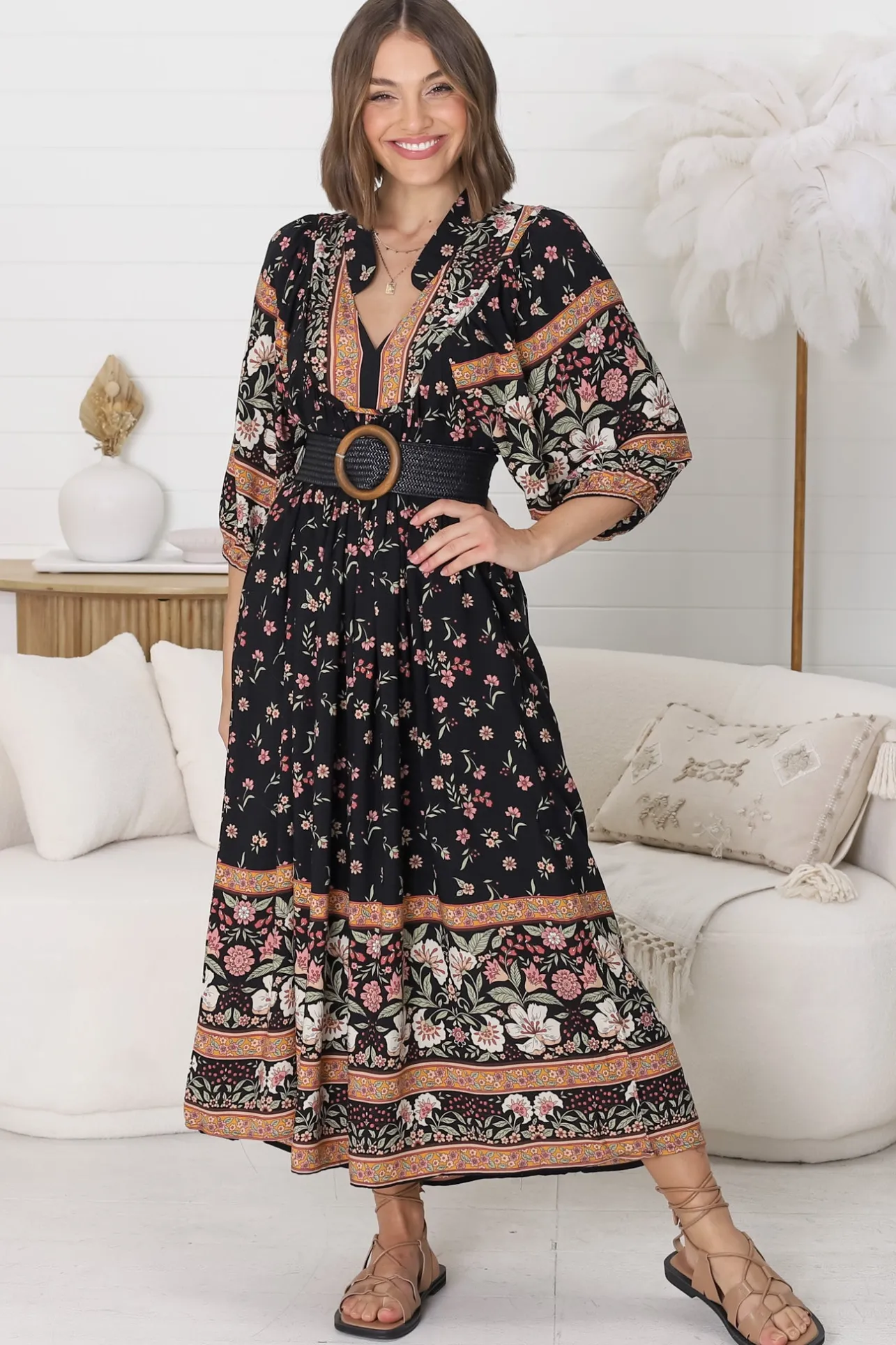 Boheme Midi Dress - Piping Defined Bust Slimline Smock Dress In Eternity Print>Jaase Discount