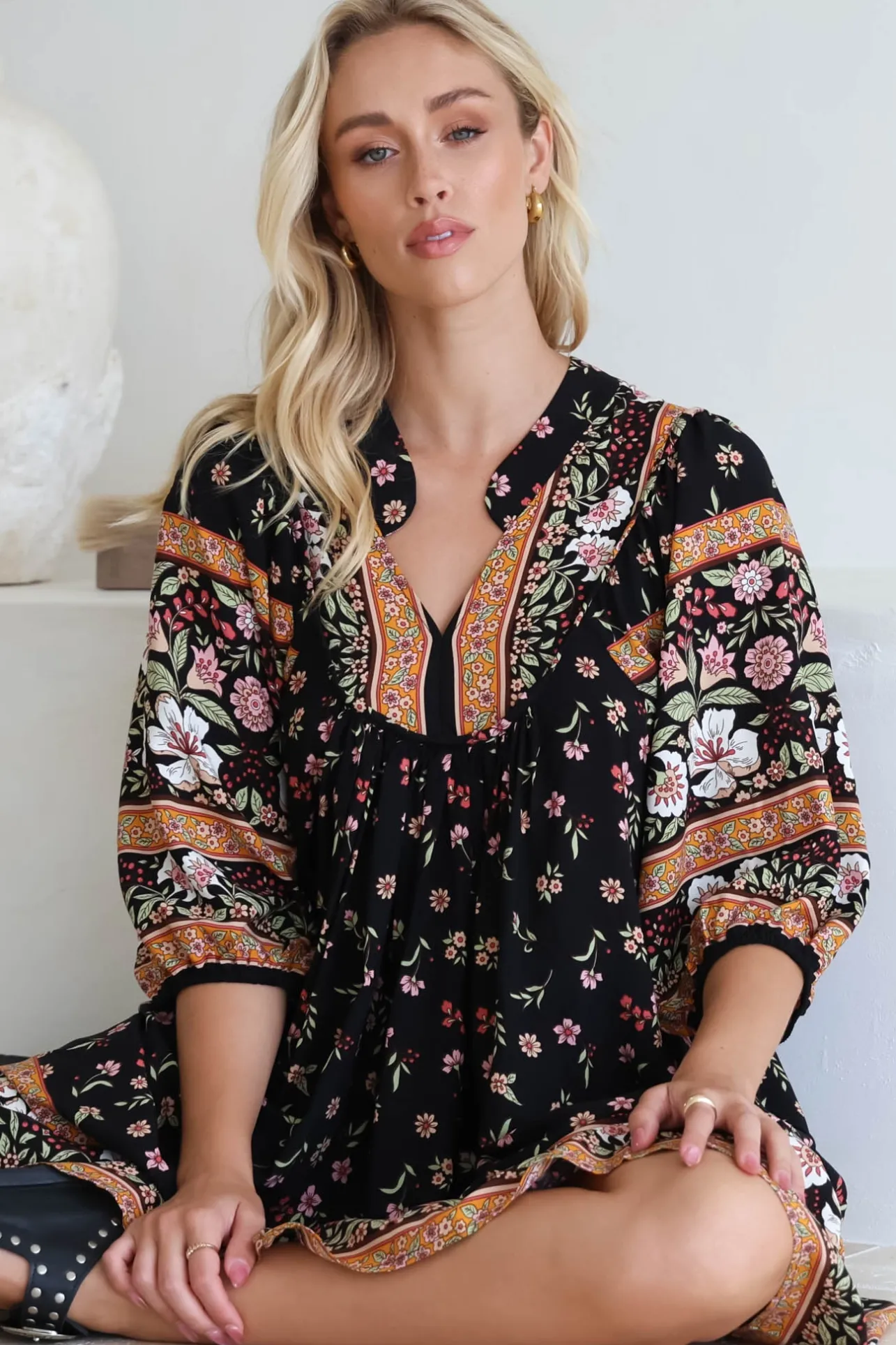 Boheme Midi Dress - Piping Defined Bust Slimline Smock Dress In Eternity Print>Jaase Discount