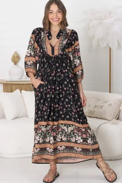 Boheme Midi Dress - Piping Defined Bust Slimline Smock Dress In Eternity Print><noscript><img width=