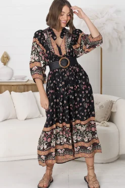 Boheme Midi Dress - Piping Defined Bust Slimline Smock Dress In Eternity Print><noscript><img width=