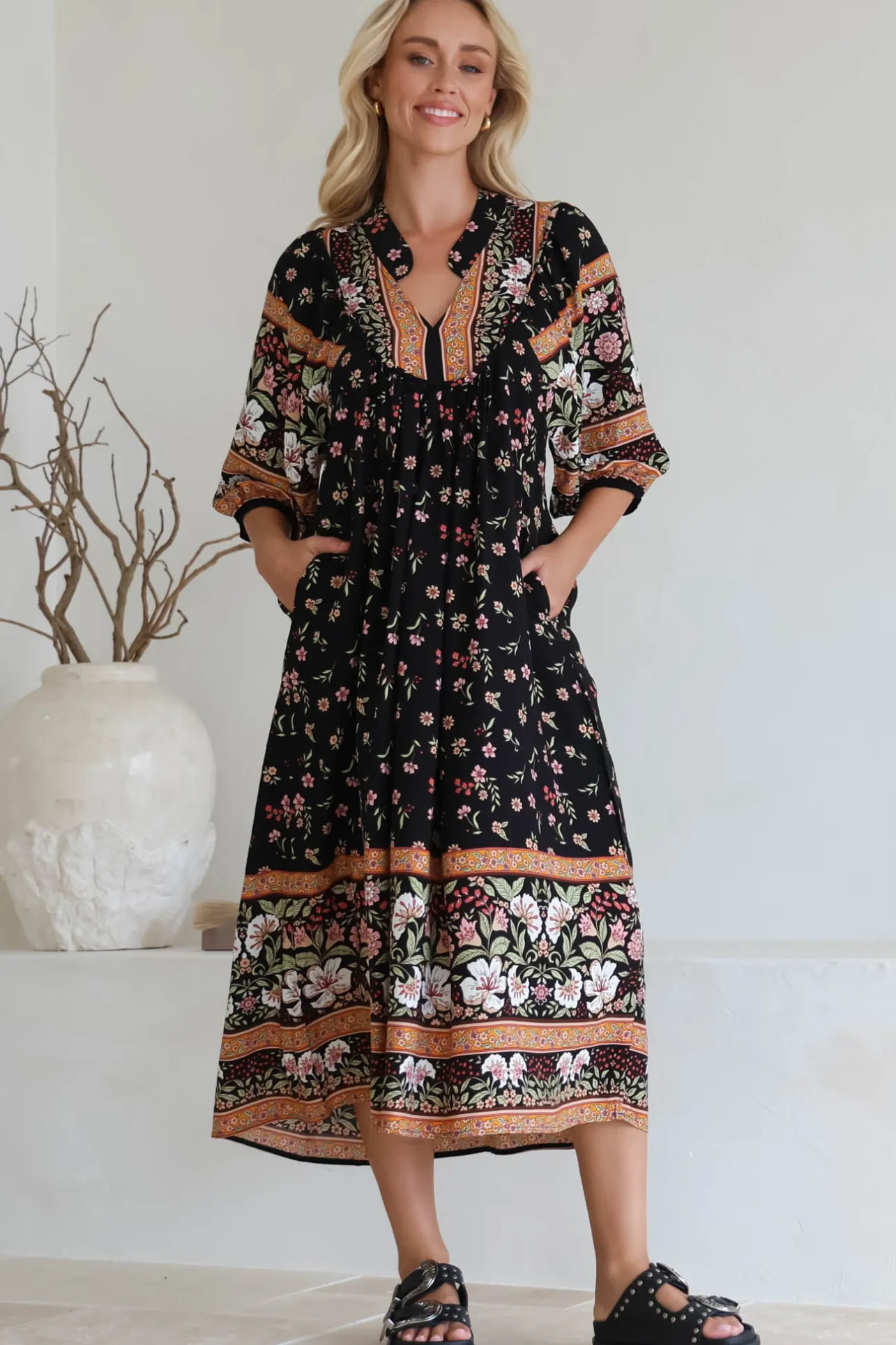 Boheme Midi Dress - Piping Defined Bust Slimline Smock Dress In Eternity Print>Jaase Discount