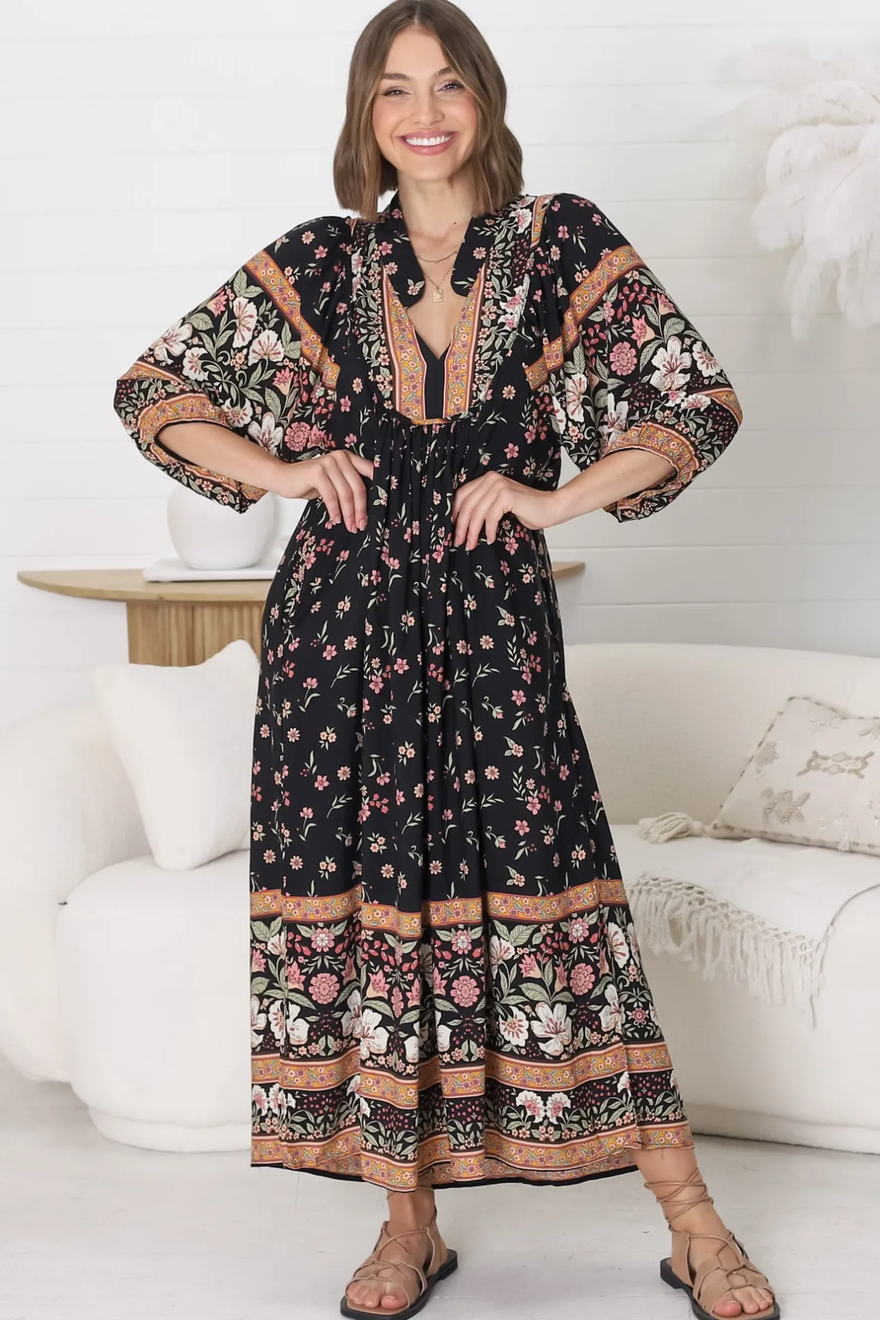 Boheme Midi Dress - Piping Defined Bust Slimline Smock Dress In Eternity Print>Jaase Discount
