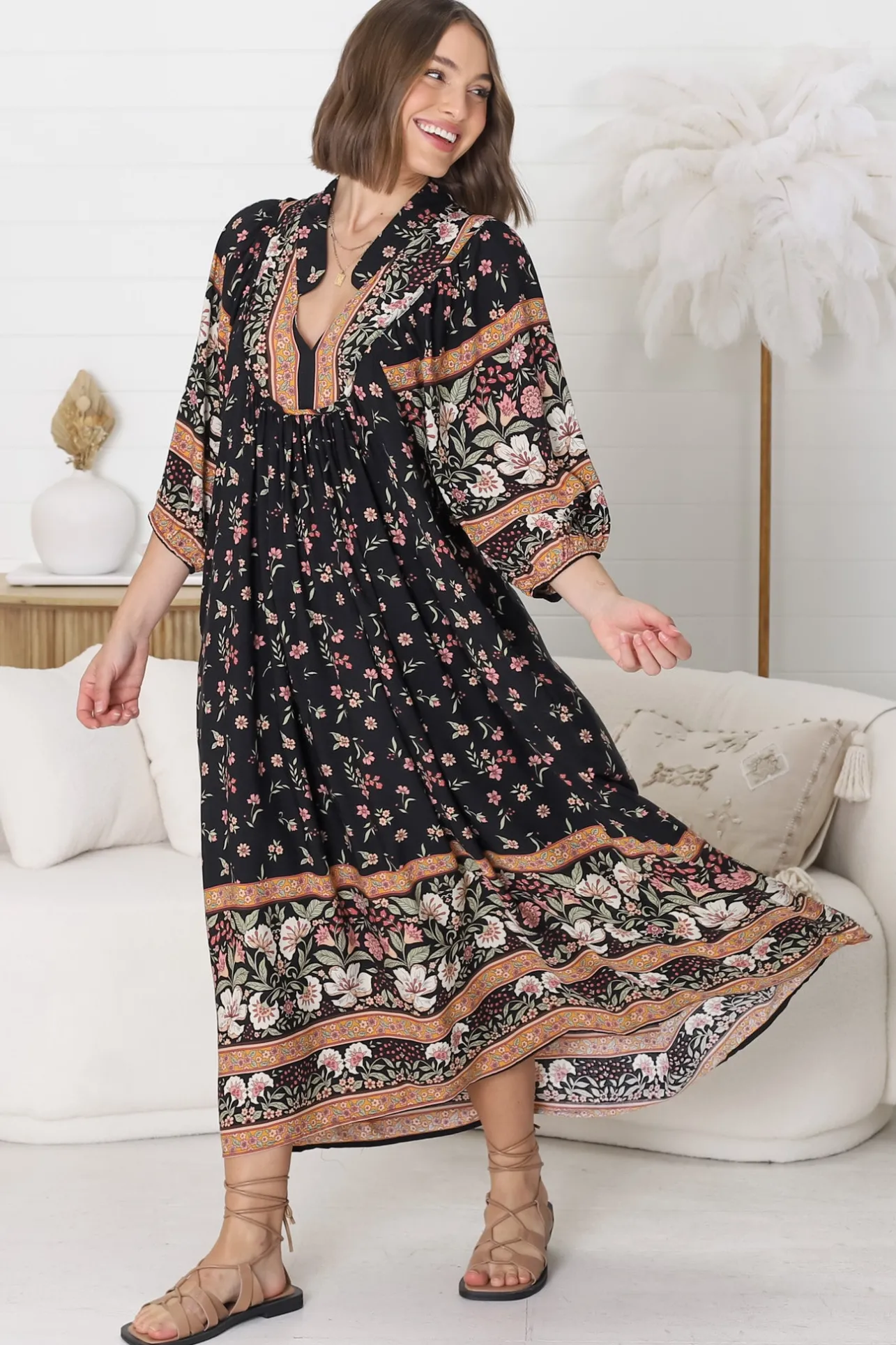 Boheme Midi Dress - Piping Defined Bust Slimline Smock Dress In Eternity Print>Jaase Discount