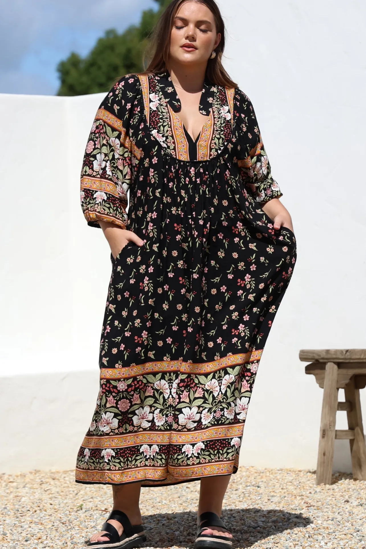 Boheme Midi Dress - Piping Defined Bust Slimline Smock Dress In Eternity Print>Jaase Discount