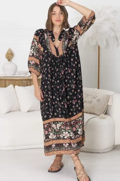 Boheme Midi Dress - Piping Defined Bust Slimline Smock Dress In Eternity Print><noscript><img width=