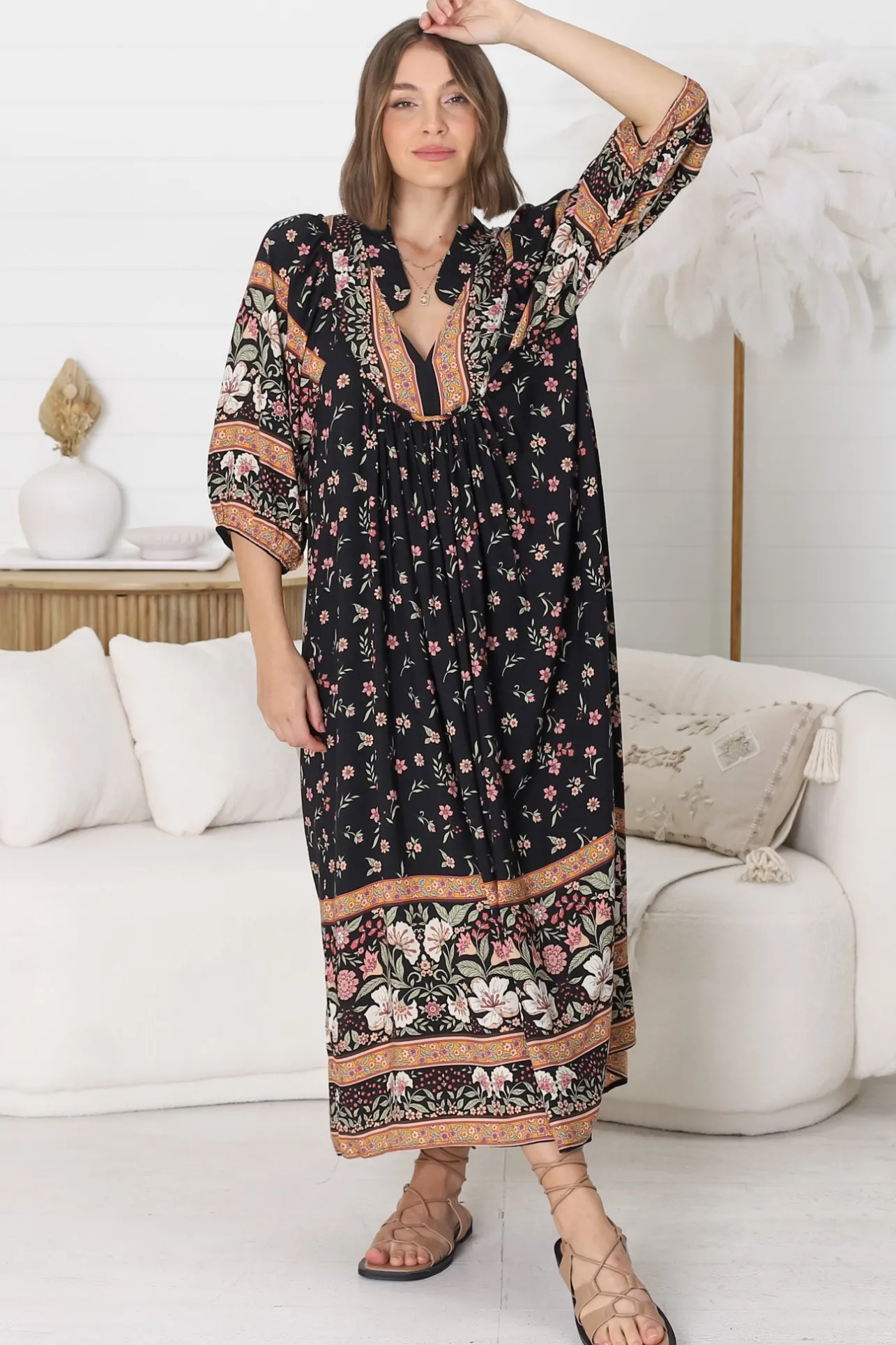 Boheme Midi Dress - Piping Defined Bust Slimline Smock Dress In Eternity Print>Jaase Discount