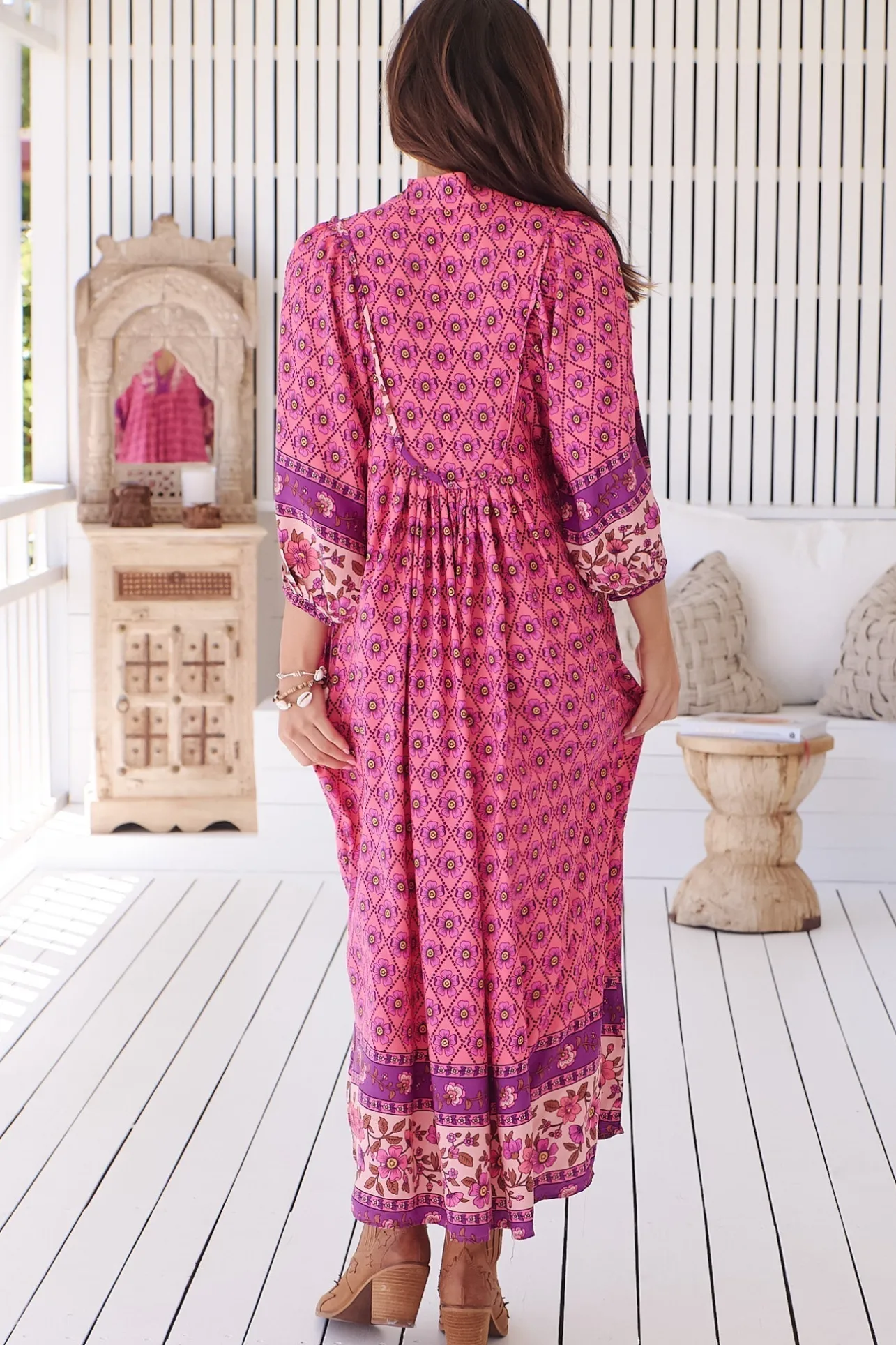 Boheme Midi Dress - Piping Defined Bust Slimline Smock Dress In Jolene Print>Jaase Best