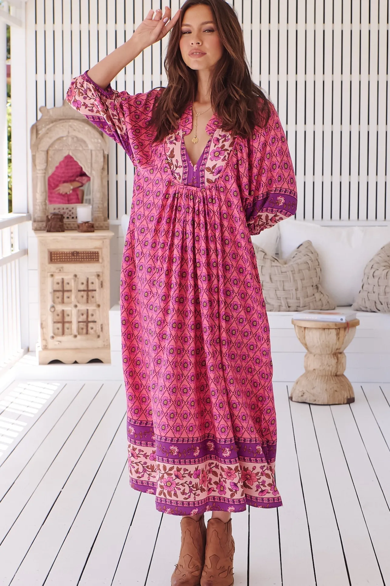Boheme Midi Dress - Piping Defined Bust Slimline Smock Dress In Jolene Print>Jaase Best