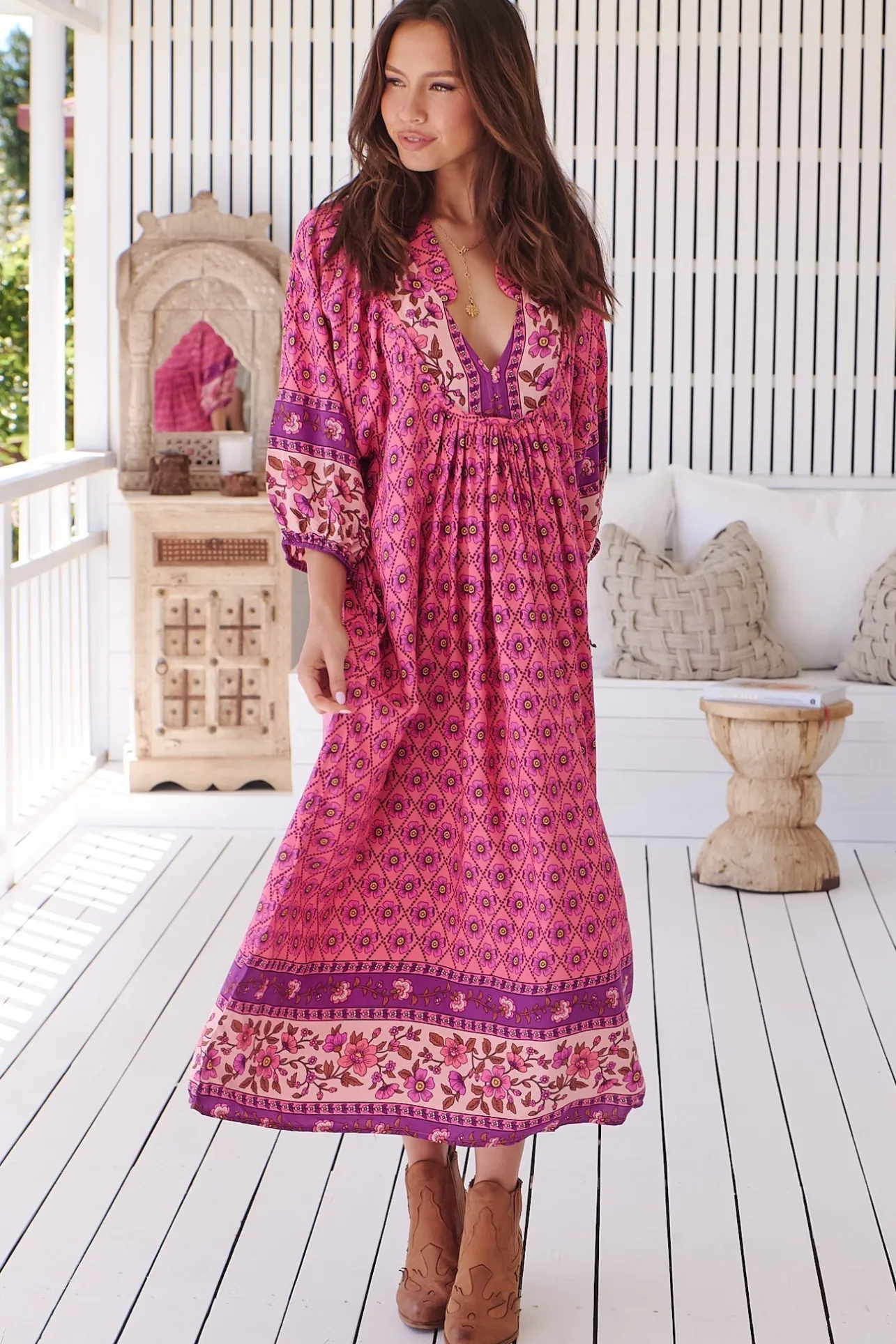 Boheme Midi Dress - Piping Defined Bust Slimline Smock Dress In Jolene Print>Jaase Best