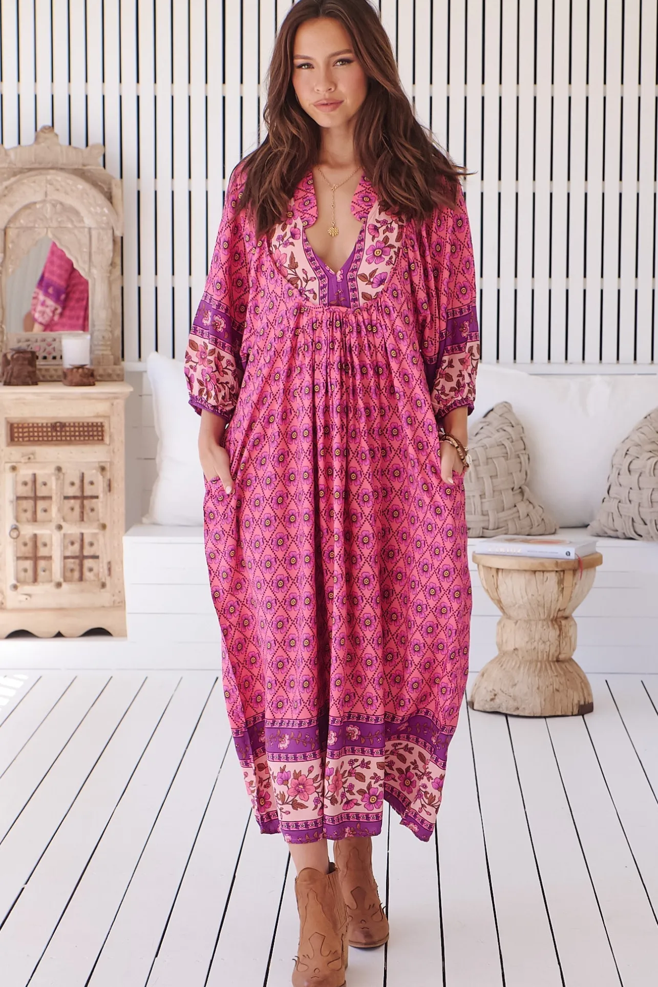 Boheme Midi Dress - Piping Defined Bust Slimline Smock Dress In Jolene Print>Jaase Best