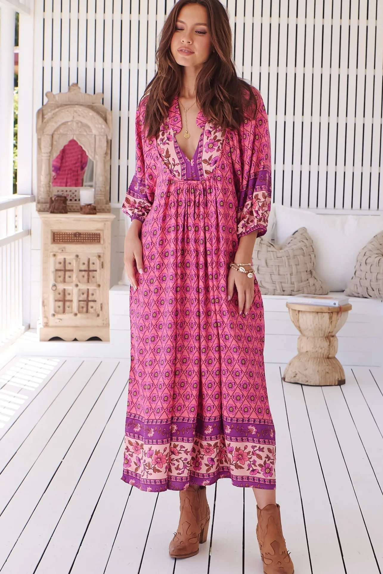 Boheme Midi Dress - Piping Defined Bust Slimline Smock Dress In Jolene Print>Jaase Best