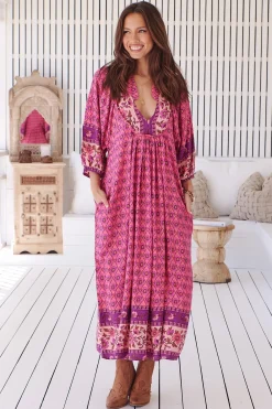 Boheme Midi Dress - Piping Defined Bust Slimline Smock Dress In Jolene Print><noscript><img width=
