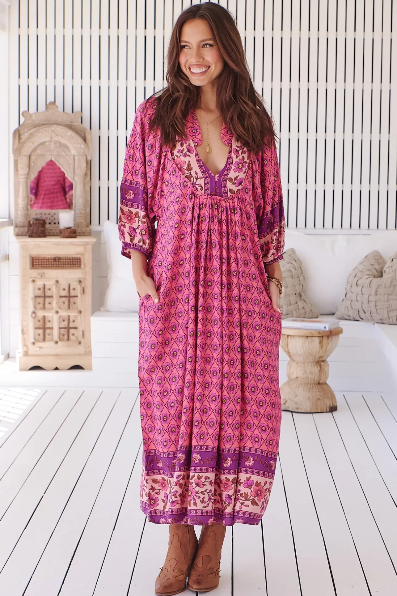 Boheme Midi Dress - Piping Defined Bust Slimline Smock Dress In Jolene Print>Jaase Best