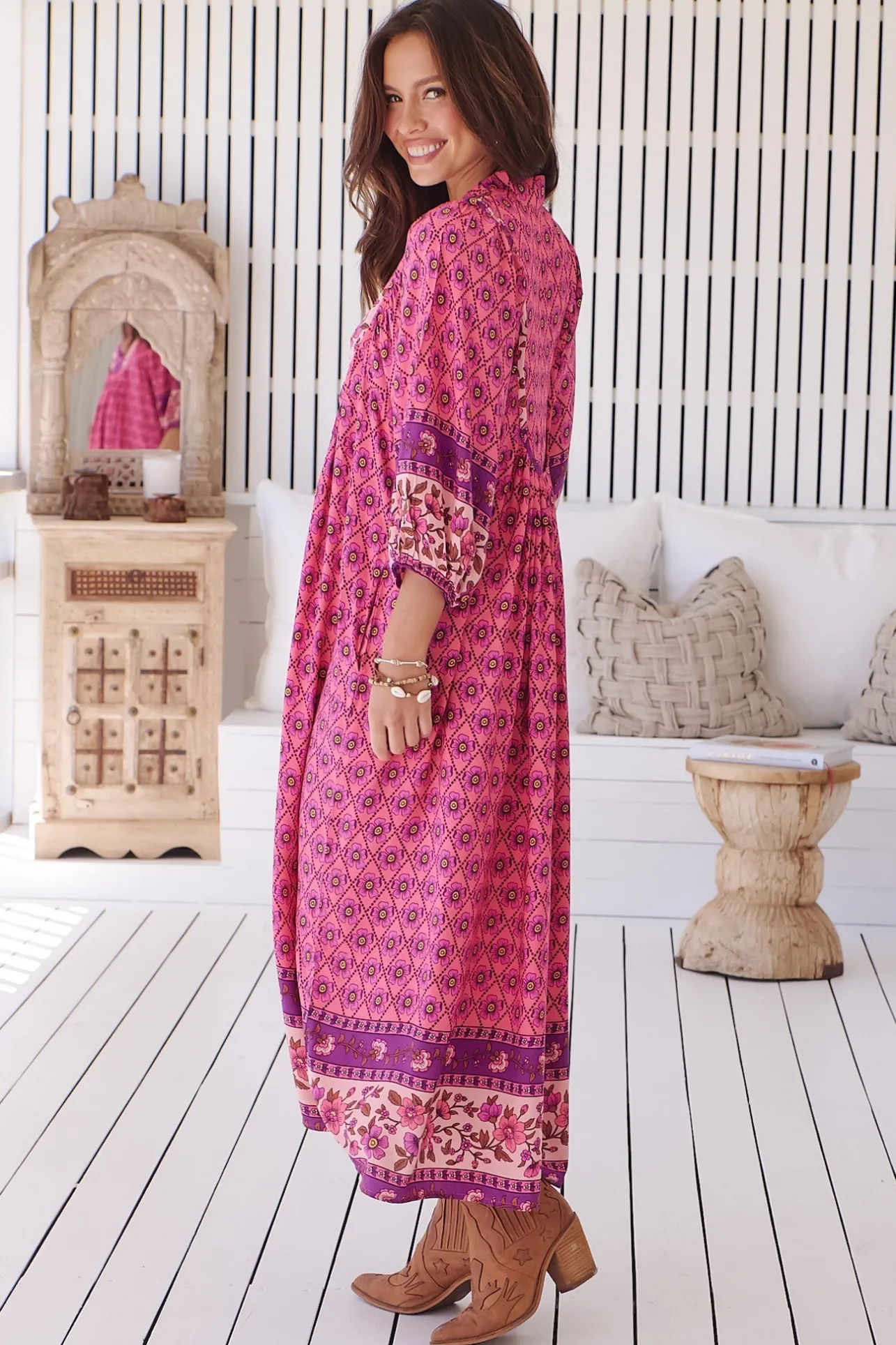 Boheme Midi Dress - Piping Defined Bust Slimline Smock Dress In Jolene Print>Jaase Best