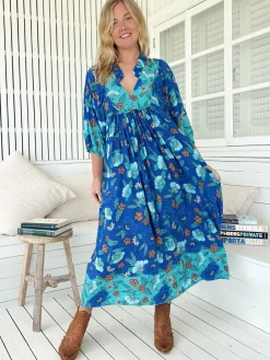 Boheme Midi Dress - Piping Defined Bust Slimline Smock Dress In Love in Mist Print>Jaase Outlet