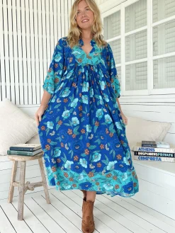 Boheme Midi Dress - Piping Defined Bust Slimline Smock Dress In Love in Mist Print><noscript><img width=