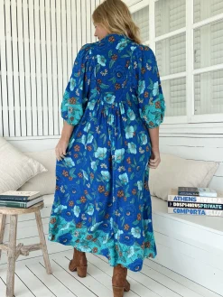 Boheme Midi Dress - Piping Defined Bust Slimline Smock Dress In Love in Mist Print><noscript><img width=