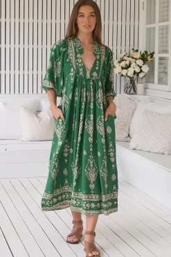 Boheme Midi Dress - Piping Defined Bust Slimline Smock Dress in Kiva Print>Jaase
