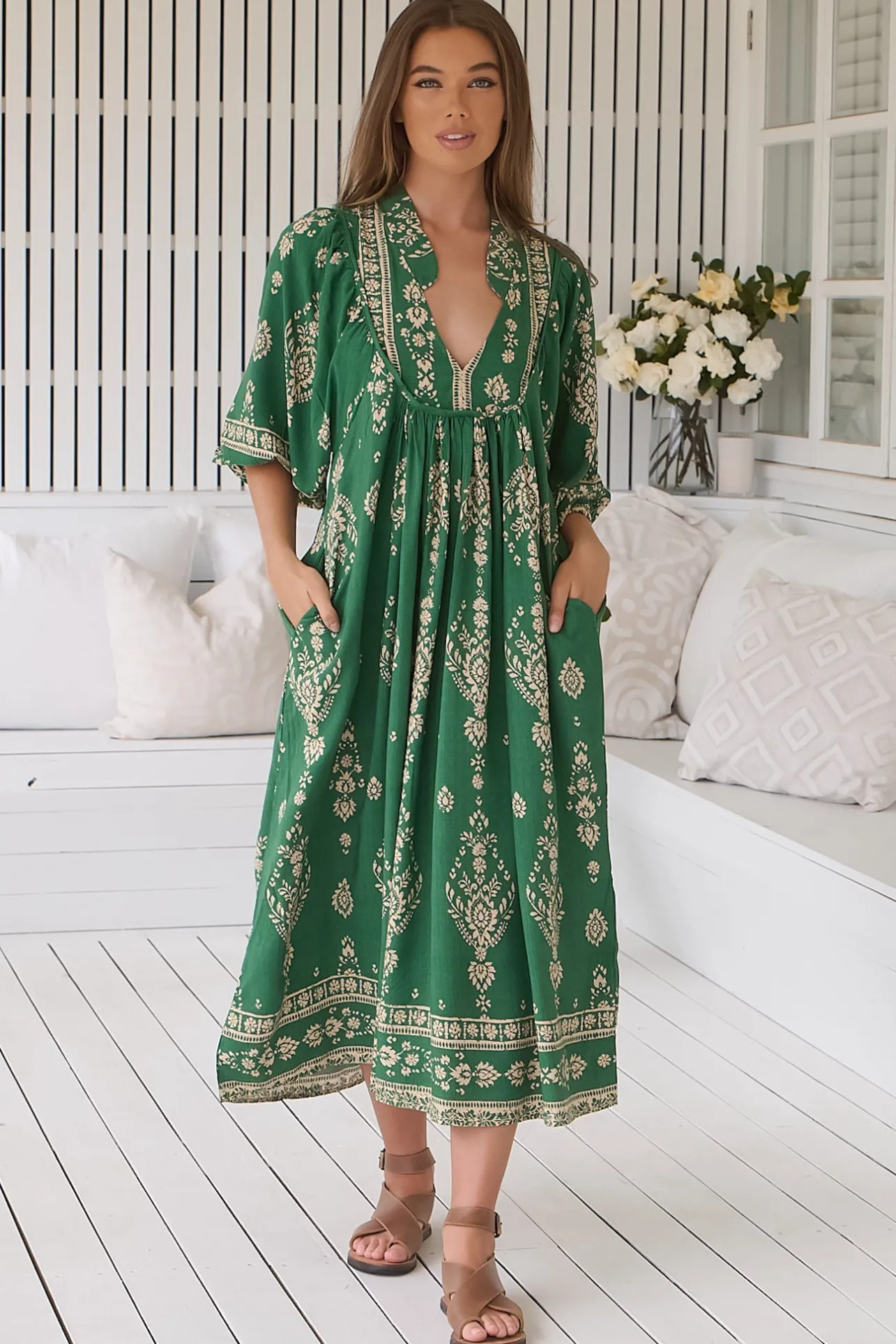 Boheme Midi Dress - Piping Defined Bust Slimline Smock Dress in Kiva Print>Jaase