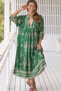 Boheme Midi Dress - Piping Defined Bust Slimline Smock Dress in Kiva Print>Jaase