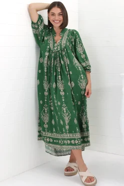 Boheme Midi Dress - Piping Defined Bust Slimline Smock Dress in Kiva Print><noscript><img width=