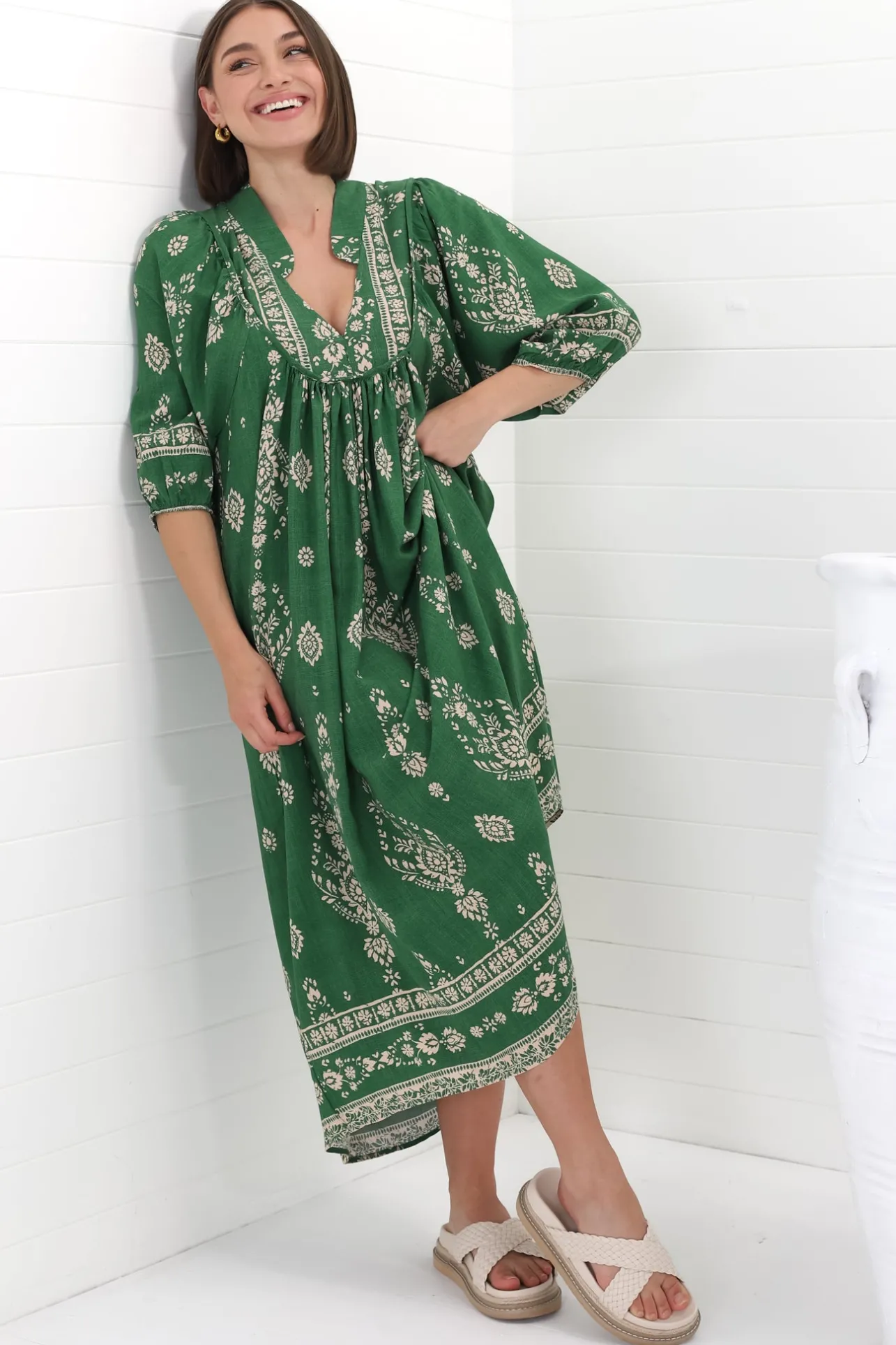 Boheme Midi Dress - Piping Defined Bust Slimline Smock Dress in Kiva Print>Jaase
