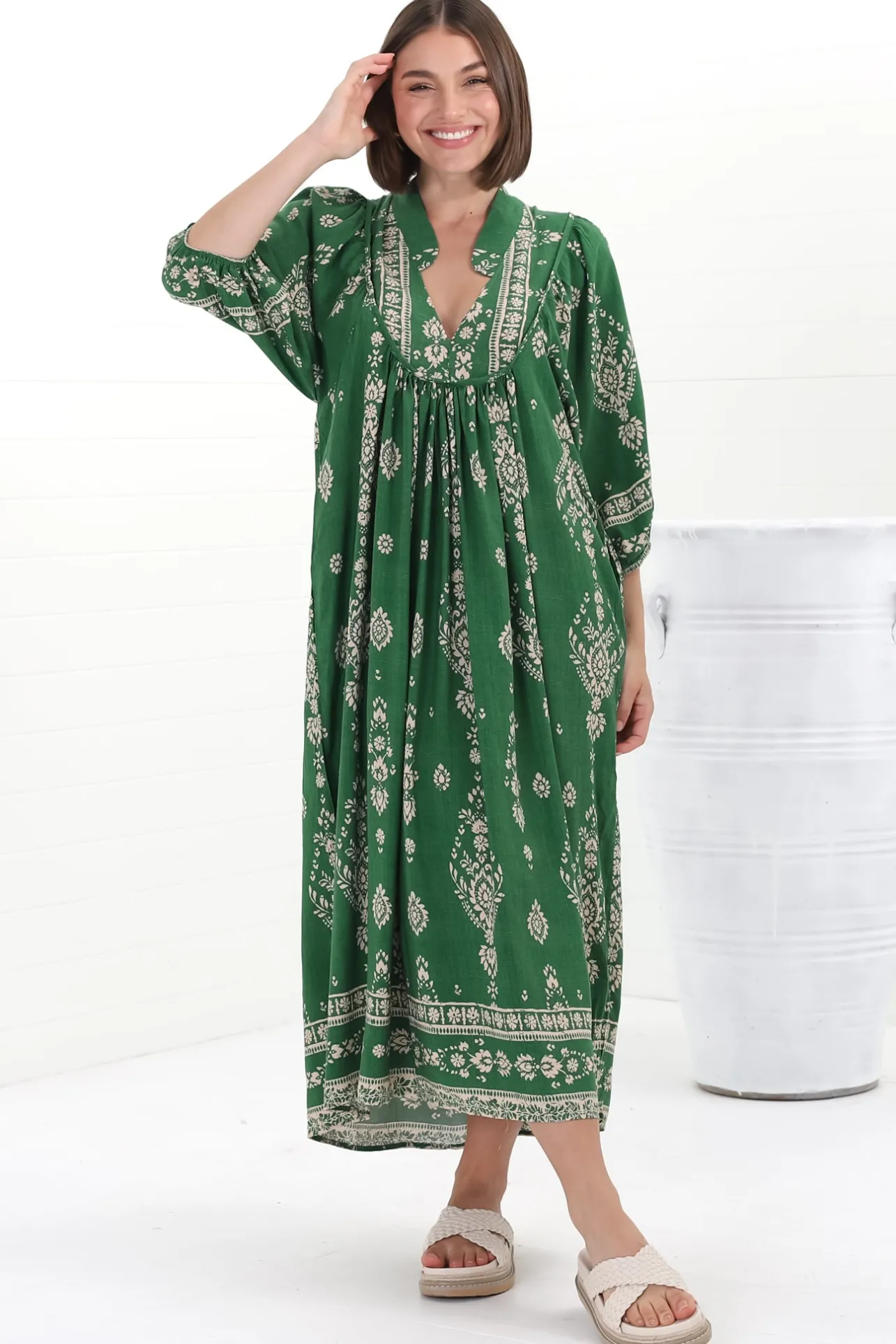 Boheme Midi Dress - Piping Defined Bust Slimline Smock Dress in Kiva Print>Jaase