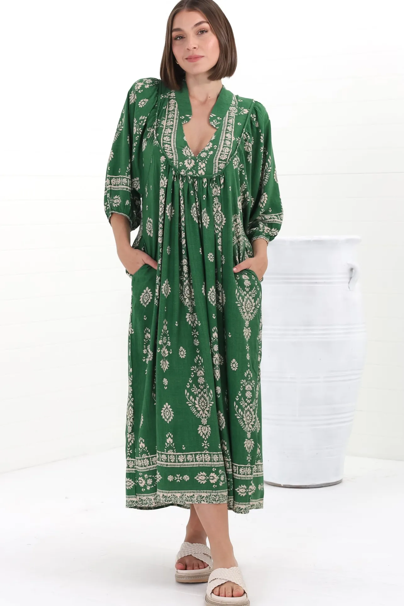 Boheme Midi Dress - Piping Defined Bust Slimline Smock Dress in Kiva Print>Jaase