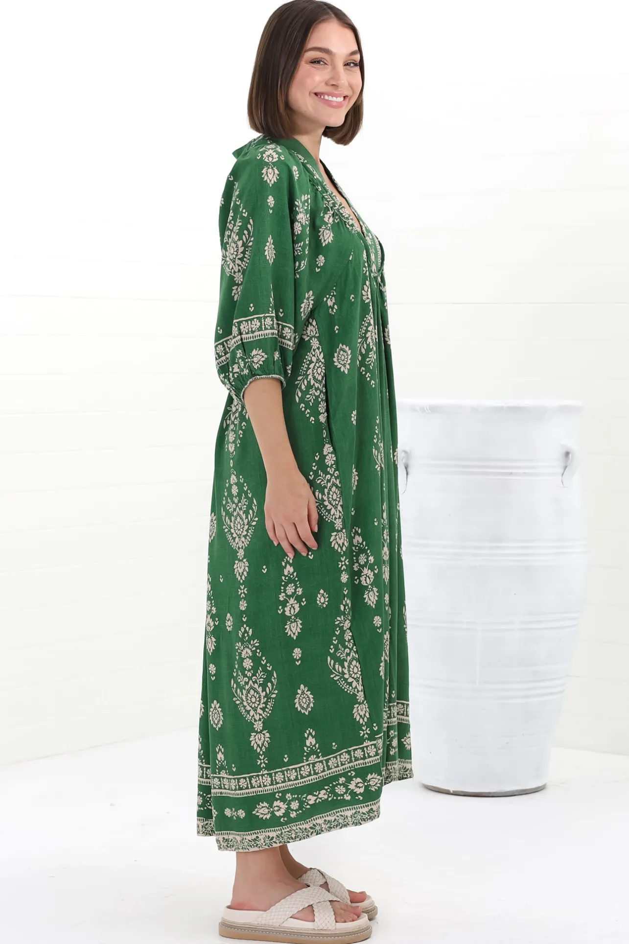 Boheme Midi Dress - Piping Defined Bust Slimline Smock Dress in Kiva Print>Jaase