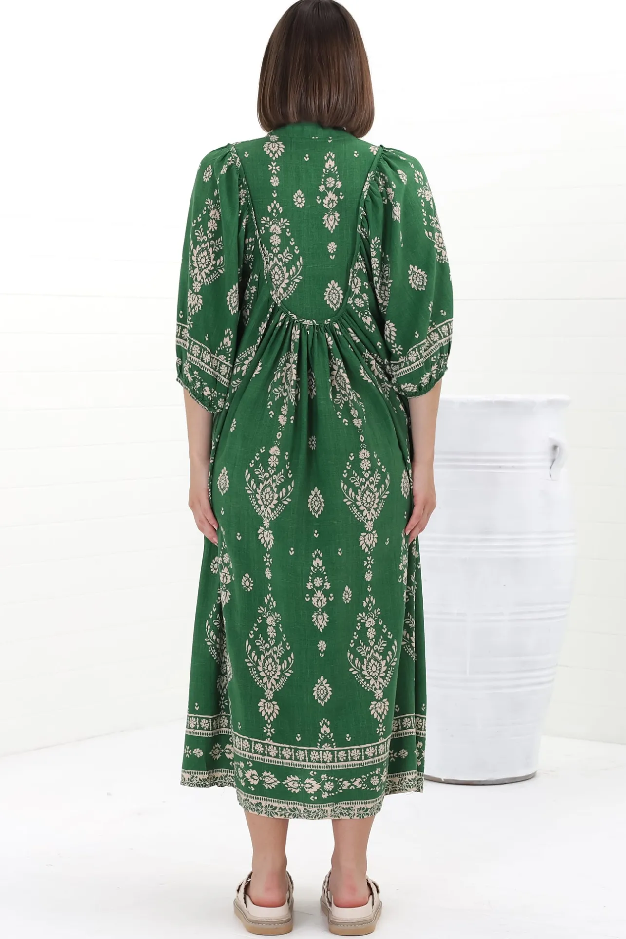 Boheme Midi Dress - Piping Defined Bust Slimline Smock Dress in Kiva Print>Jaase