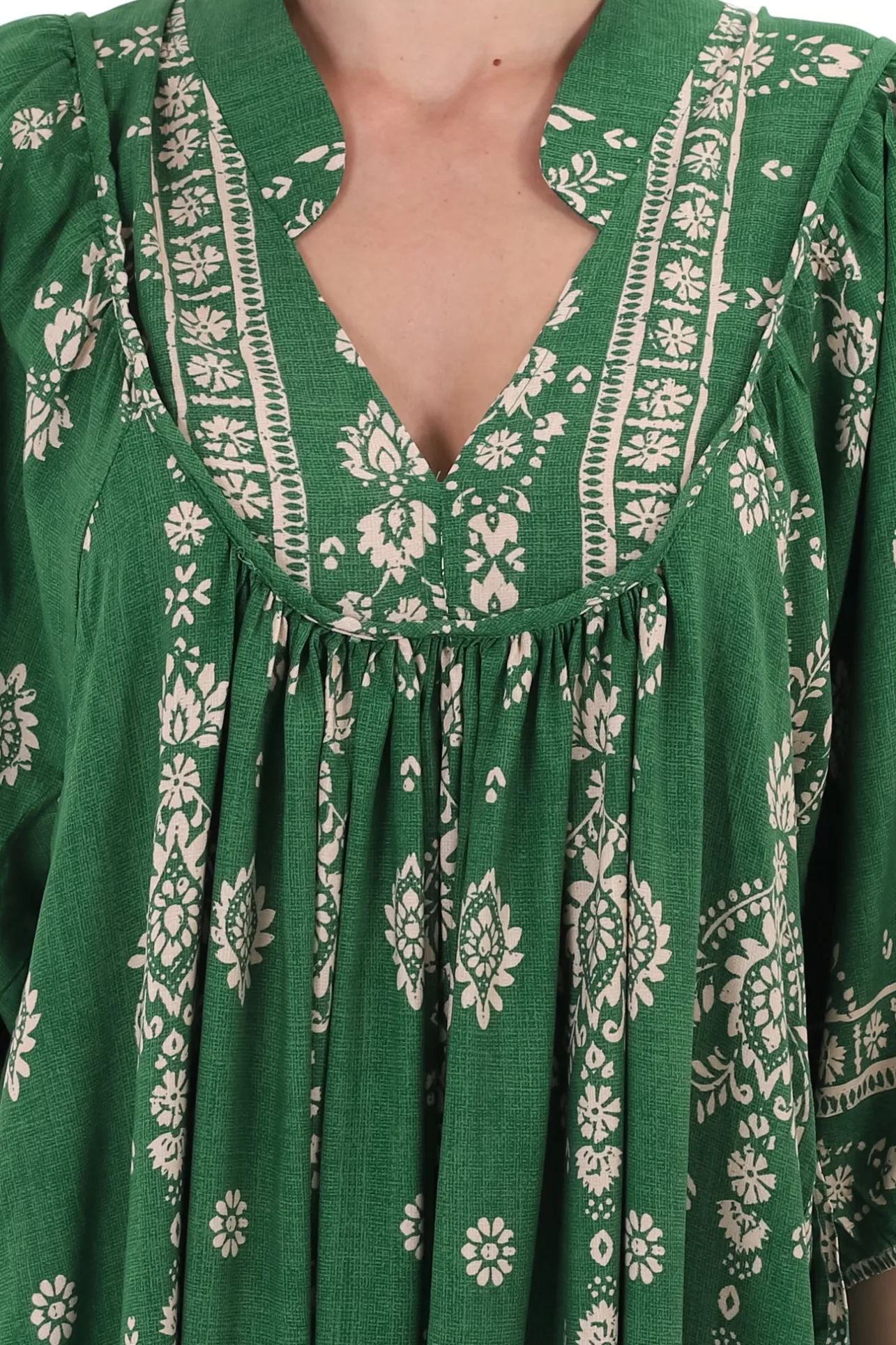 Boheme Midi Dress - Piping Defined Bust Slimline Smock Dress in Kiva Print>Jaase