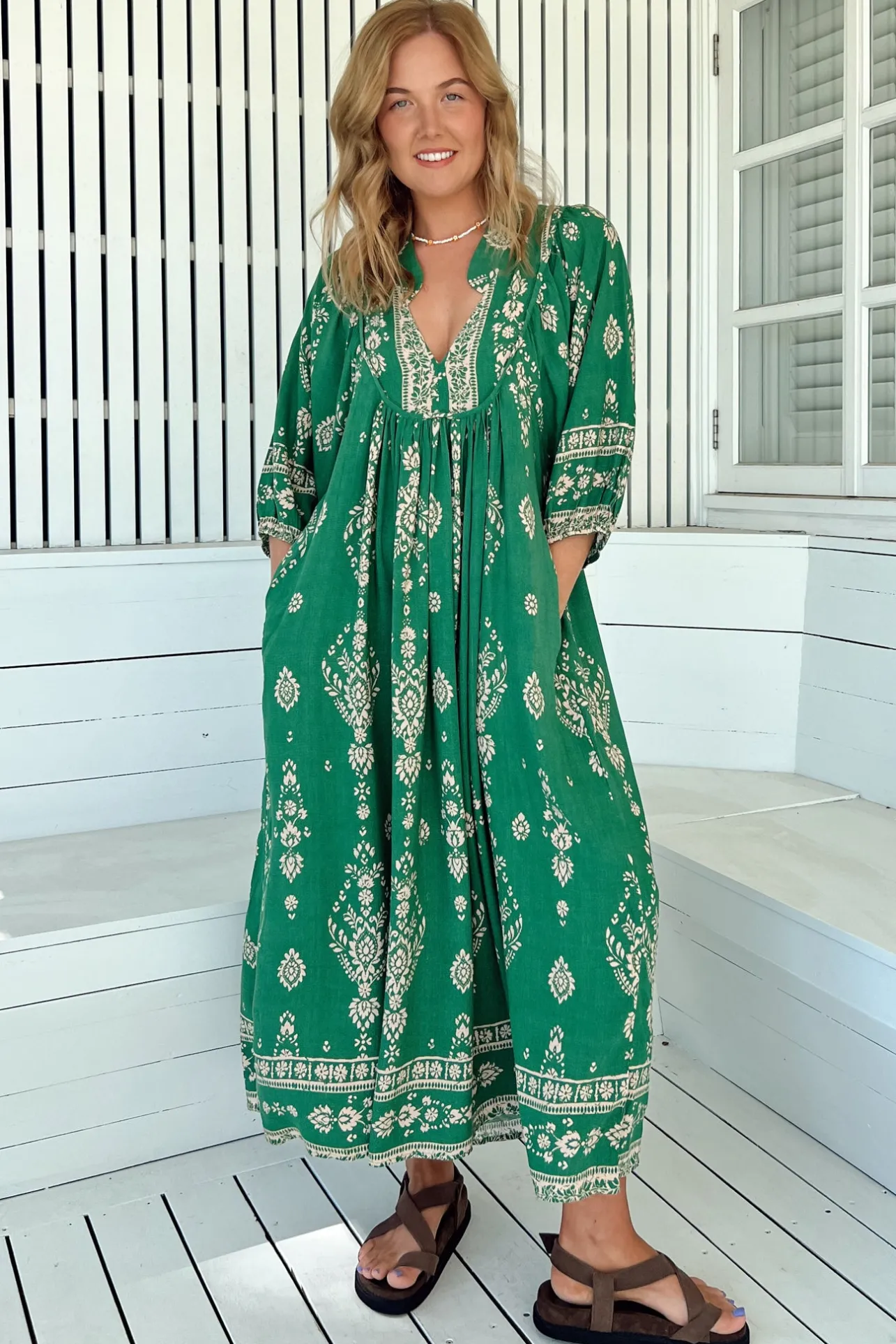 Boheme Midi Dress - Piping Defined Bust Slimline Smock Dress in Kiva Print>Jaase