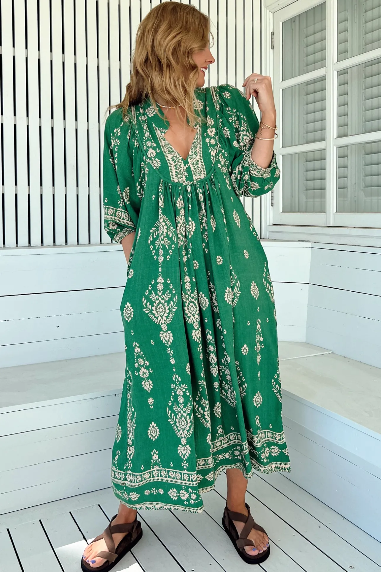 Boheme Midi Dress - Piping Defined Bust Slimline Smock Dress in Kiva Print>Jaase