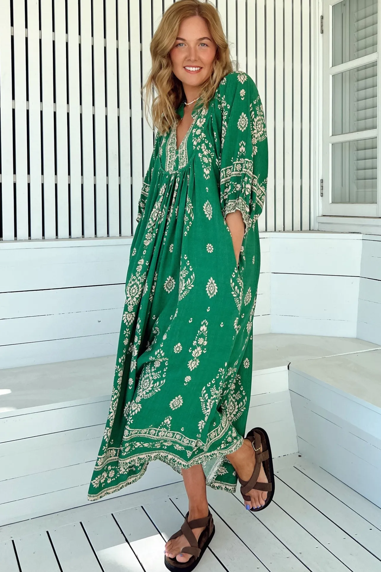 Boheme Midi Dress - Piping Defined Bust Slimline Smock Dress in Kiva Print>Jaase