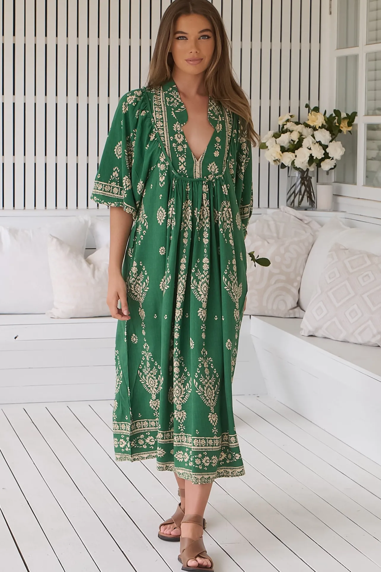 Boheme Midi Dress - Piping Defined Bust Slimline Smock Dress in Kiva Print>Jaase