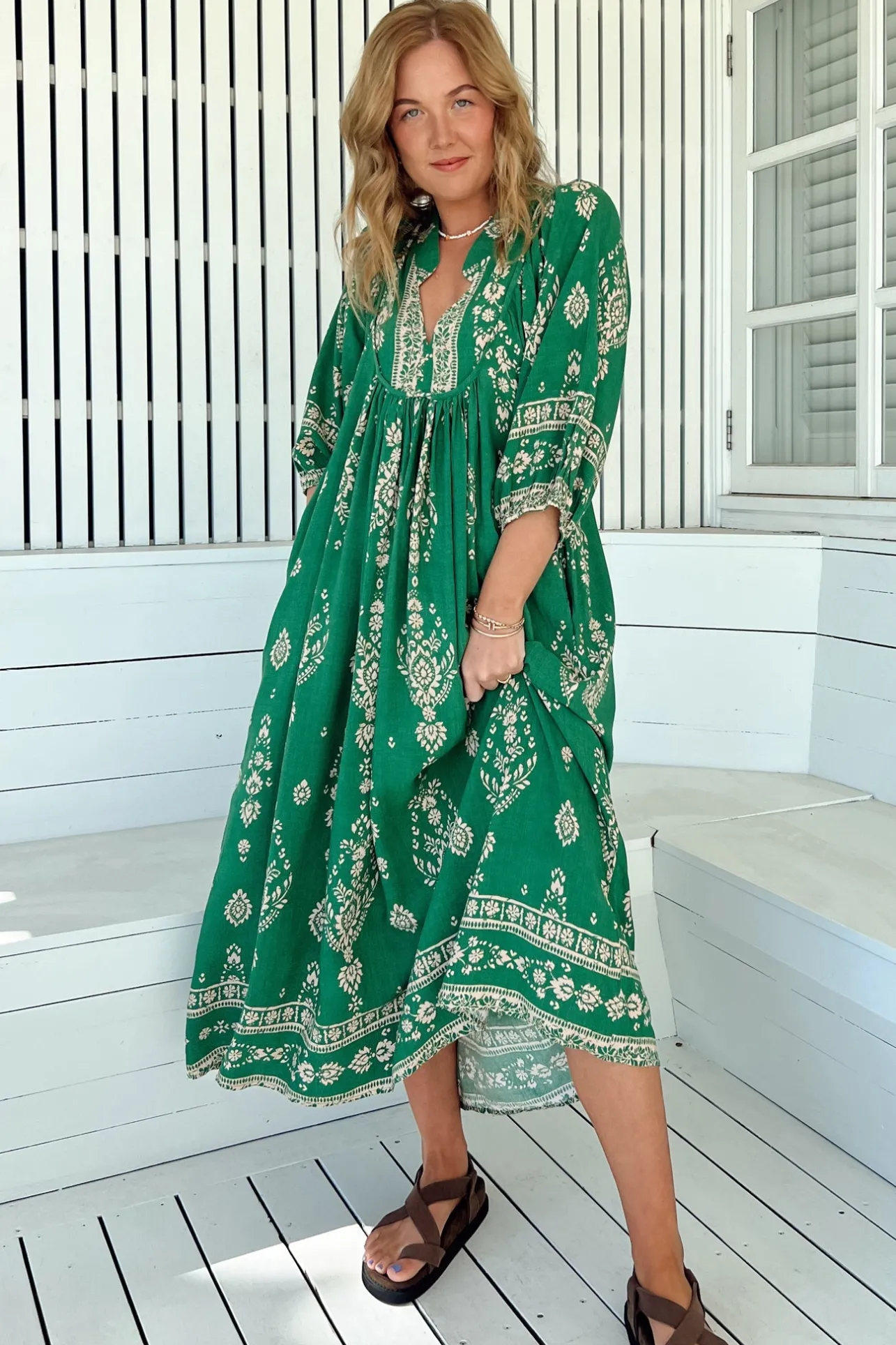 Boheme Midi Dress - Piping Defined Bust Slimline Smock Dress in Kiva Print>Jaase