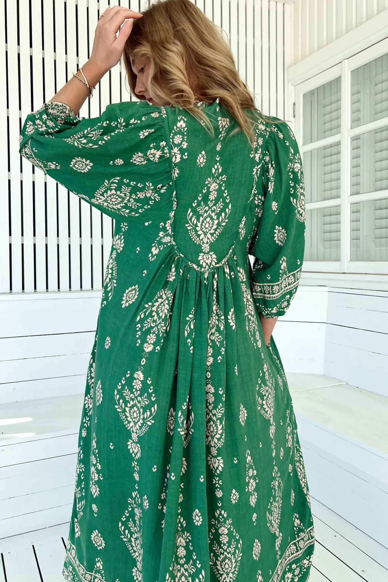 Boheme Midi Dress - Piping Defined Bust Slimline Smock Dress in Kiva Print>Jaase