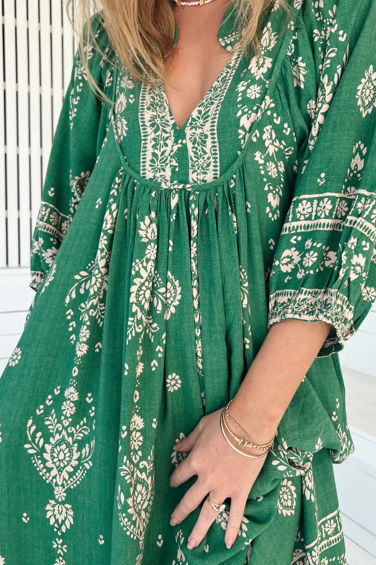 Boheme Midi Dress - Piping Defined Bust Slimline Smock Dress in Kiva Print>Jaase